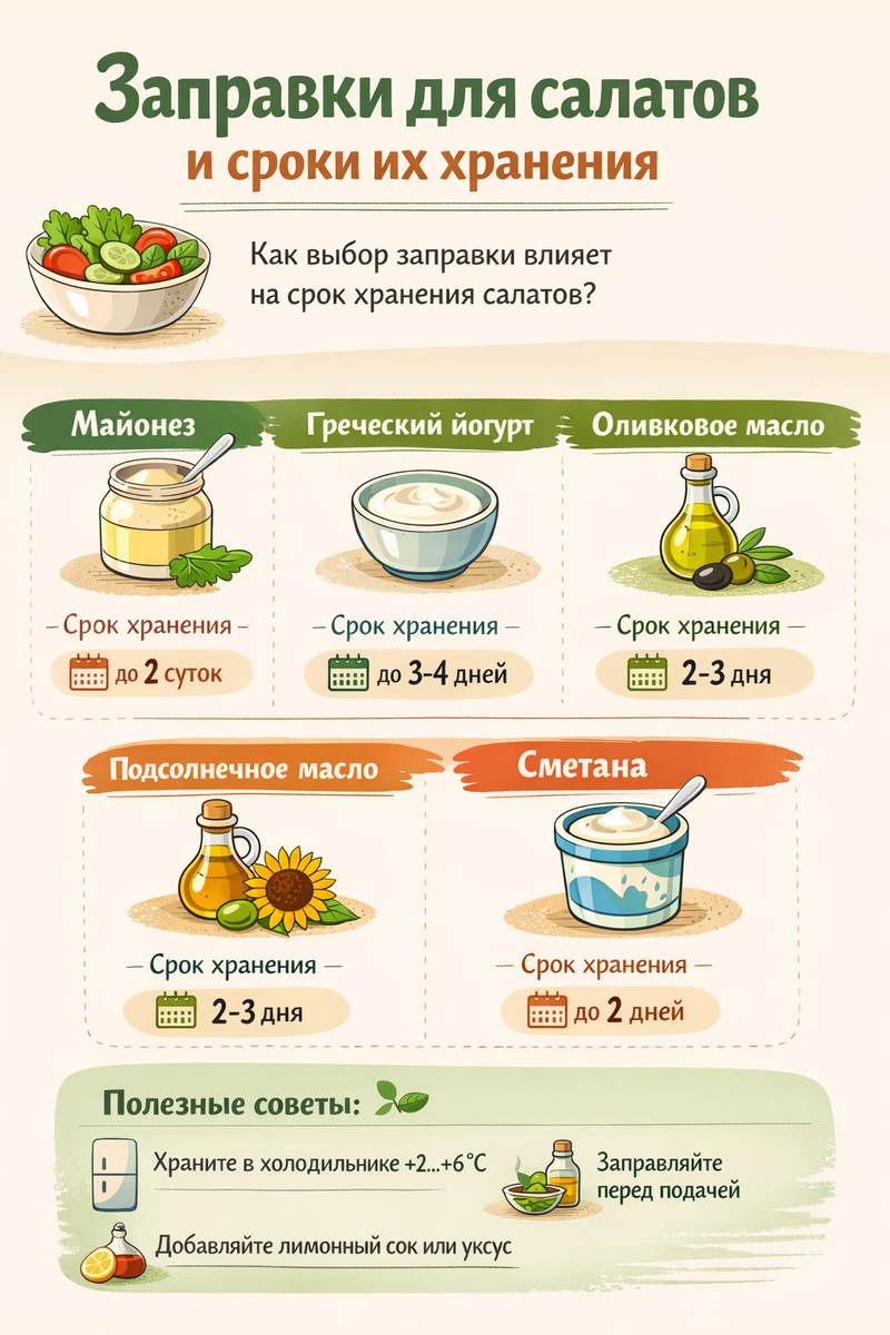 Как заправки влияют на вкус и срок хранения ваших любимых салатов